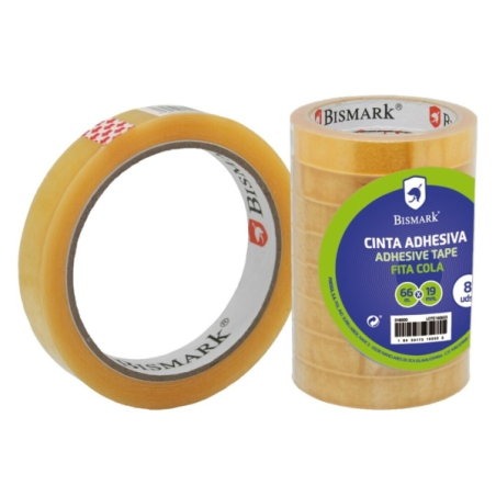 LOT de 8 Ruban adhésif transparent Bismark 19 mm x 66 m - Fabriqué en polypropylène - Transparent