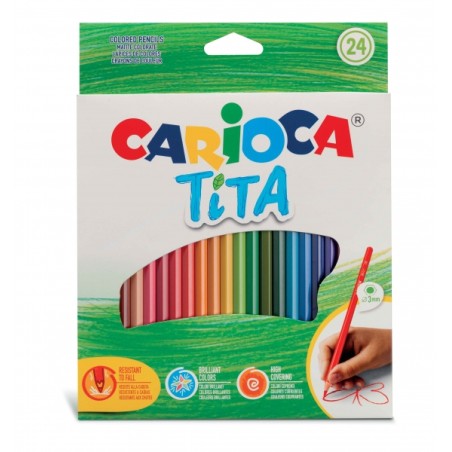 ✅ Carioca Tita Pack de 24 Crayons en Résine - Corps Hexagonal - Couleurs Vives et Lavables - Écriture Douce - en stock