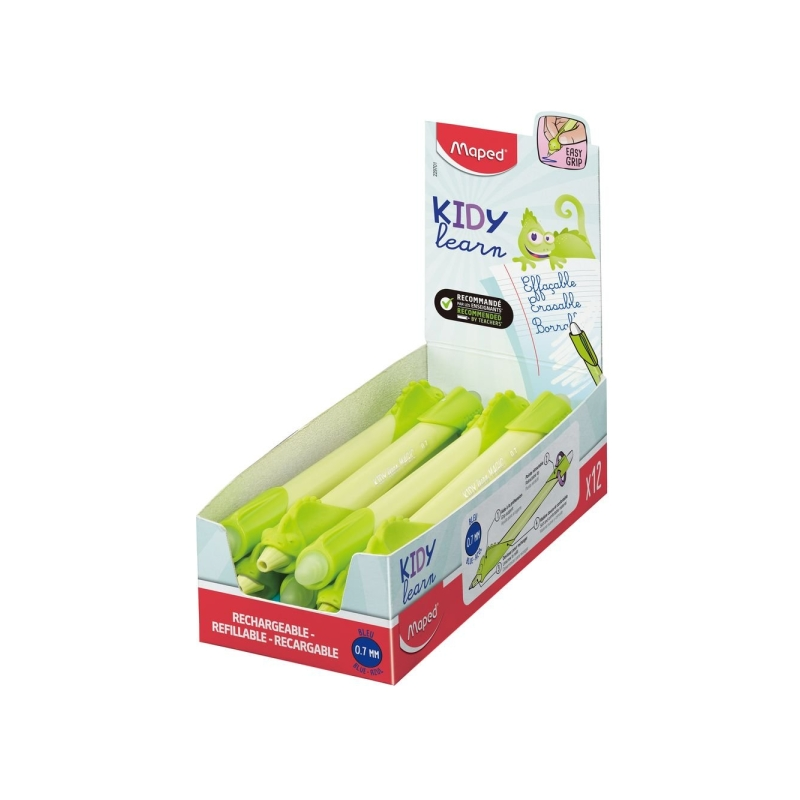 LOT de 12 Stylo effaçable magique Maped Kidy Learning avec guide pour les doigts - Modèle caméléon - Encre bleue - Recommandé