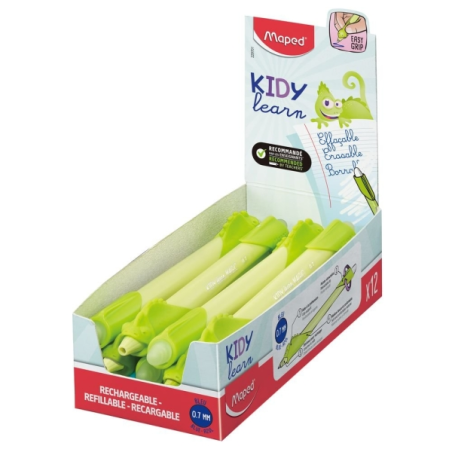LOT de 12 Stylo effaçable magique Maped Kidy Learning avec guide pour les doigts - Modèle caméléon - Encre bleue - Recommandé