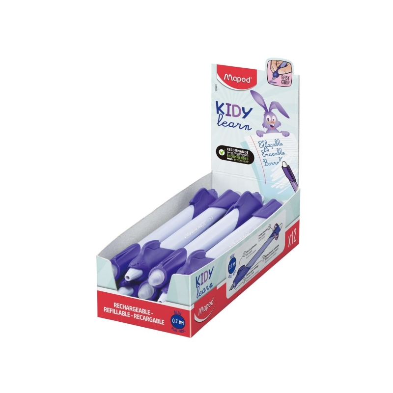 LOT de 12 Stylo magique effaçable Maped Kidy Learning avec guide pour les doigts - Modèle lapin - Encre bleue - Recommandé pour