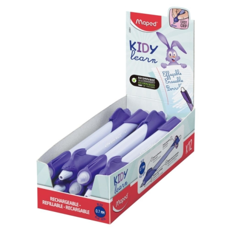 LOT de 12 Stylo magique effaçable Maped Kidy Learning avec guide pour les doigts - Modèle lapin - Encre bleue - Recommandé pour