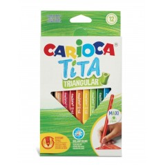 ✅ Carioca Tita Lot de 12 Crayons en Résine - Corps Triangulaire - Couleurs Vives et Lavables - Écriture Douce en stock
