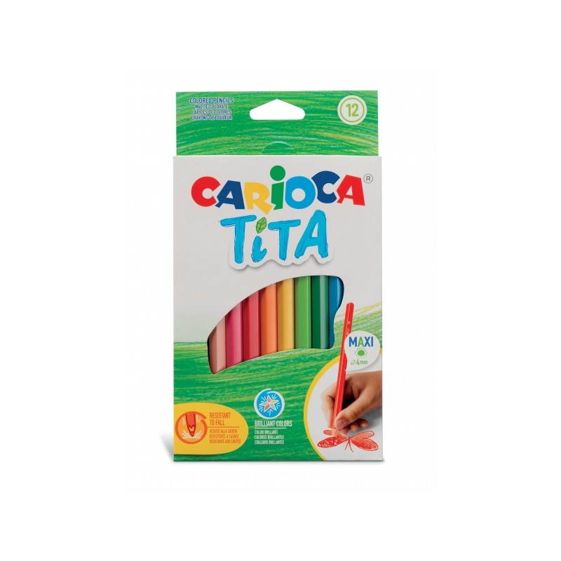 Carioca Tita Maxi Pack de 12 Crayons en Résine - Couleurs Vives et Lavables - Écriture Douce - Mine Ø 4mm Sûr et Résistant - Ne