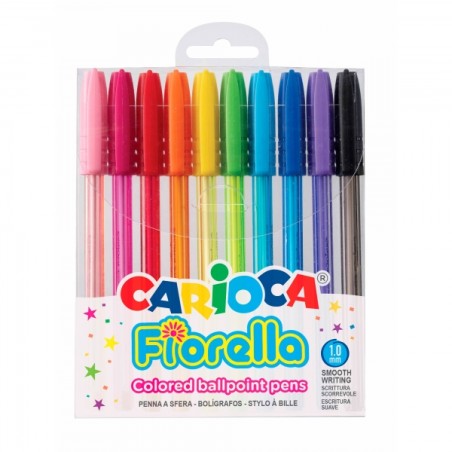 ✅ Carioca Fiorella Lot de 10 Stylos - Pointe Bille - Corps Transparent Fluo - Pointe Ø 1mm - Écriture Lumineus en stock