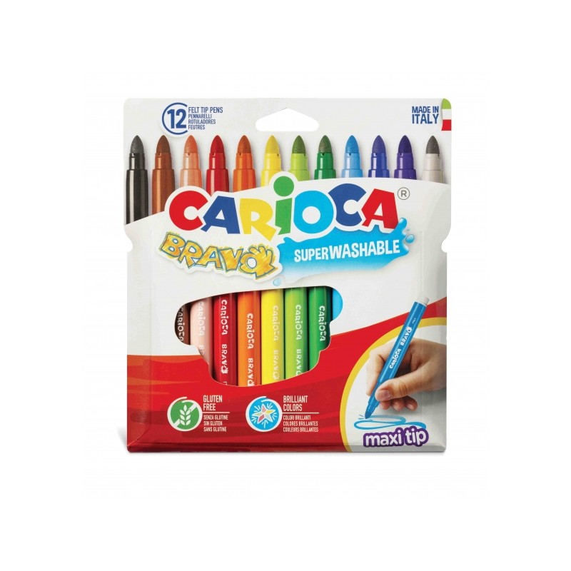 Carioca Bravo Pack de 12 Marqueurs - Corps Maxi Octogonal - Encre Super Lavable - Pointe Verrouillée Maxi 6mm - Capuchon