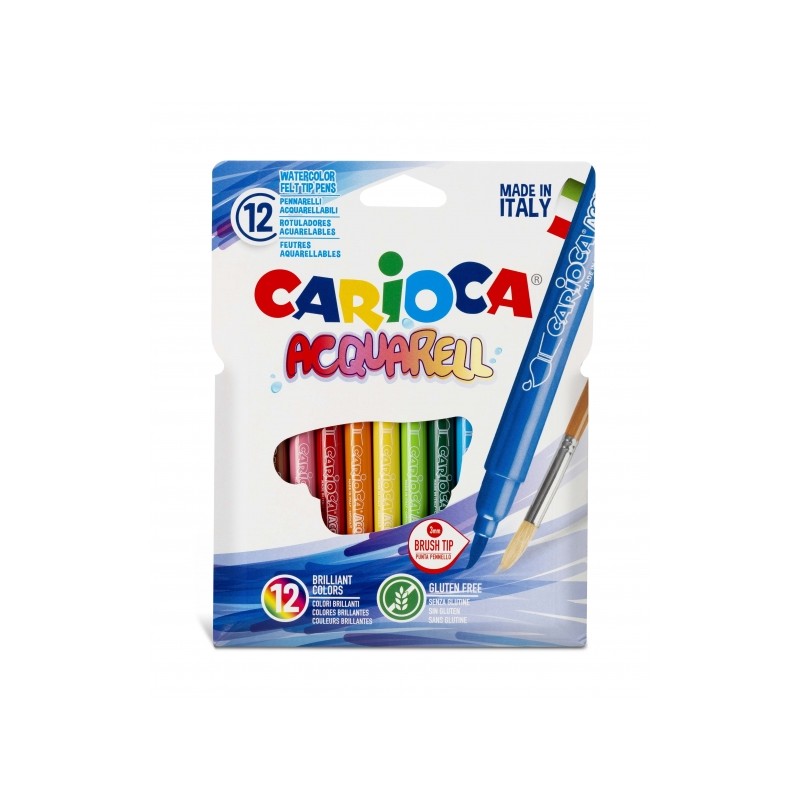 Carioca Acquarell Lot de 12 marqueurs aquarelle – Pointe pinceau bloquée – Encre lavable – Couleurs mélangeables avec de l'eau