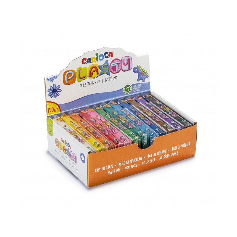 Carioca Présentoir de 12 Pâte à Modeler 150gr - Facile à Utiliser - Ne sèche pas - Réutilisable - Couleurs Vives Mélangables