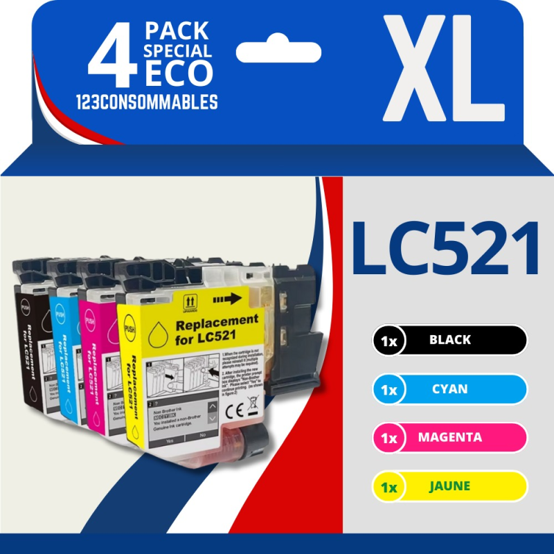 Pack compatible Brother LC521, 4 cartouches (remplace LC-521) Pack compatible Brother LC521, 4 cartouches (remplace LC-521)