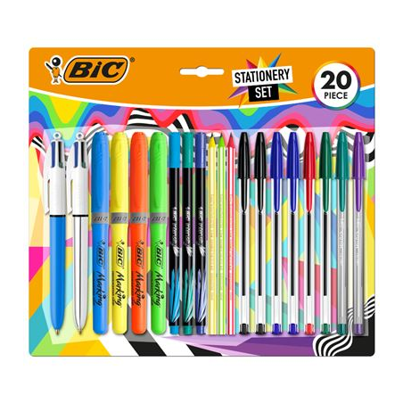 ✅ Pack d'écriture Bic Multicolore de 20 pièces assorties - 6 Bic Cristal Original, 2 Bic Cristal Fun, 2 Bic 4 en stock