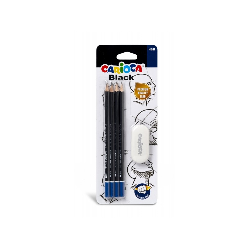 Crayons graphite HB noirs - blister de 4 + gomme | Carioca