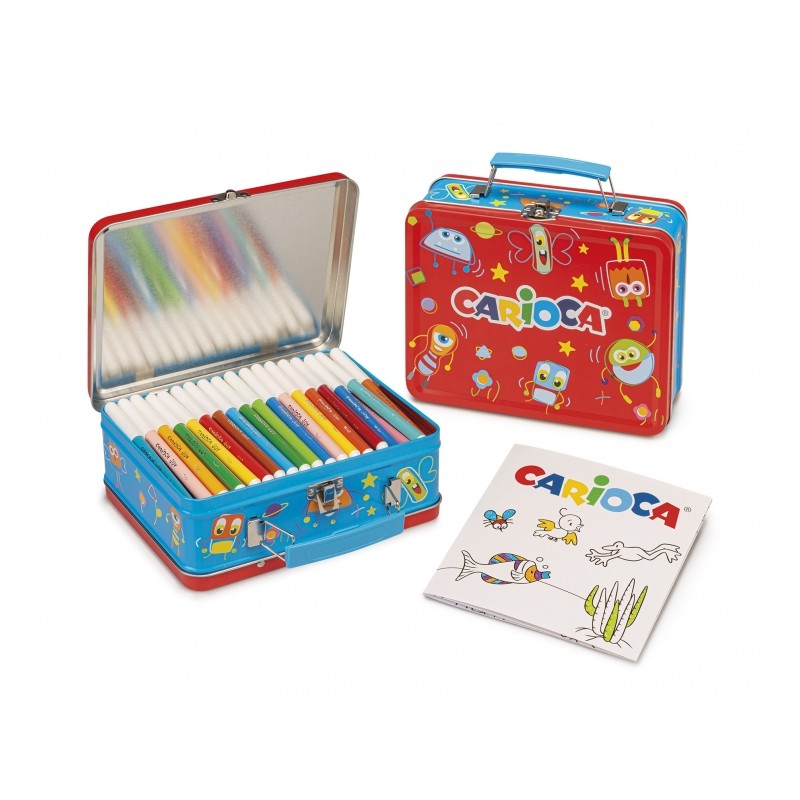 Carioca Pack de 100 Feutres Pointe Fine et Encre Super Lavable - Boite Métal - 1 Album de Coloriage - Dédié aux Petits Artistes
