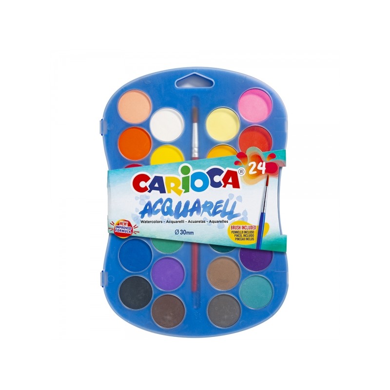 Carioca Aquarelle Pack de 24 Couleurs en Pot - Lumineux - Facilement Mélangable - Ø 30mm - Diverses Couleurs