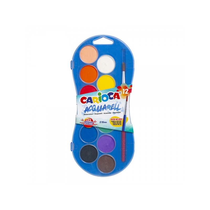 Carioca Aquarelle Pack de 12 Couleurs en Pot - Lumineux - Facilement Mélangable - Ø 30mm - Diverses Couleurs