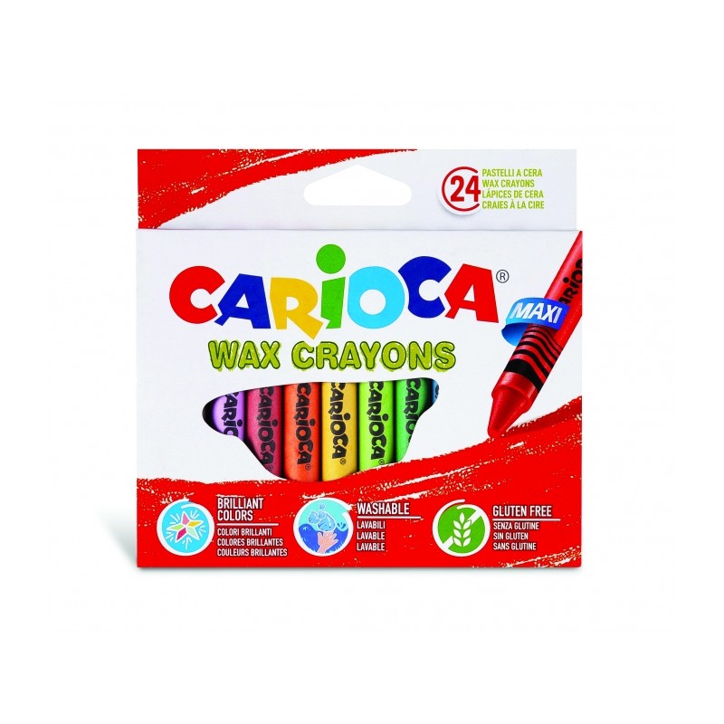 Carioca Maxi Pack de 24 Crayons - Couleurs Vives - Lavables - Corps Ø 12 mm - Couleurs Diverses
