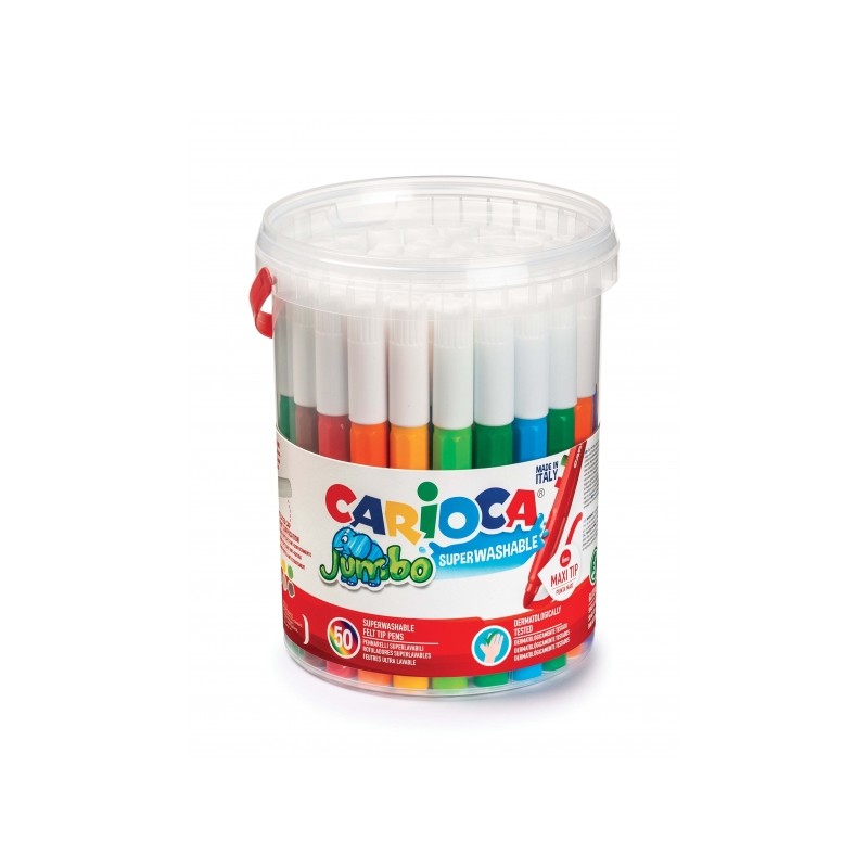 Carioca Jumbo Pack de 50 Marqueurs - Corps Maxi Octogonal - Encre Super Lavable - Pointe Verrouillée Maxi 6mm - Capuchon