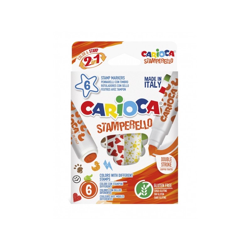 Carioca Stamperello Pack de 6 Marqueurs avec Tampons - Double Pointe - 6 Couleurs Différentes - Encre Lavable Non Toxique