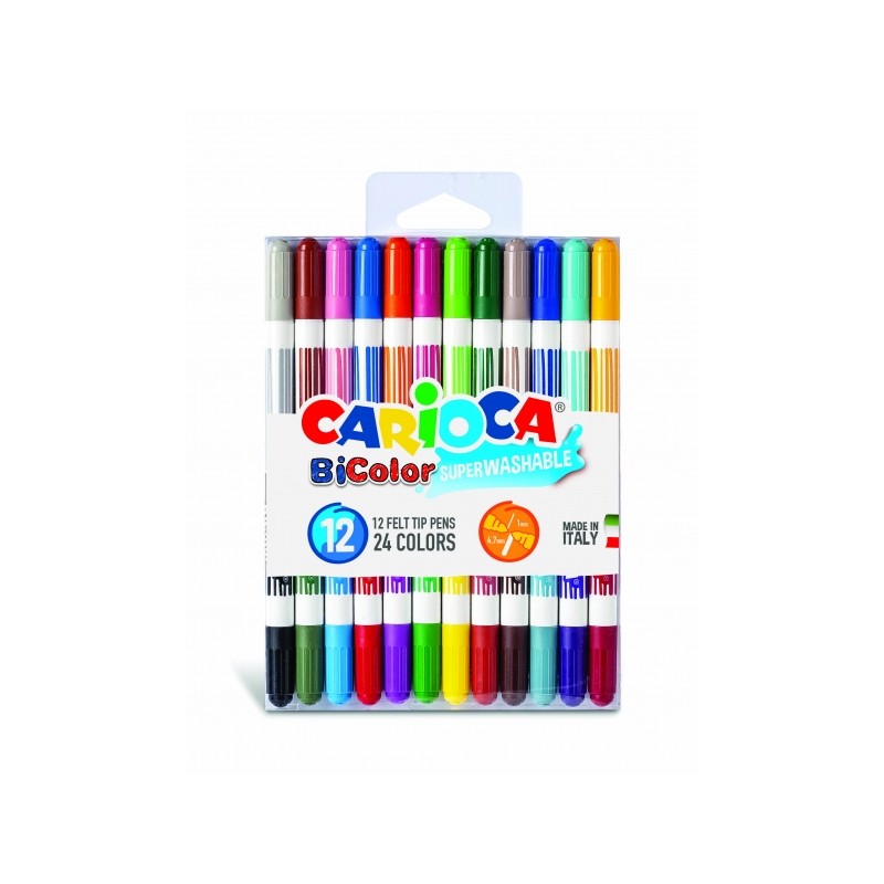 Carioca Bicolor Pack de 12 Marqueurs - Deux Couleurs par Marqueur - Encre Super Lavable - Pointe Conique pour Traitement Double
