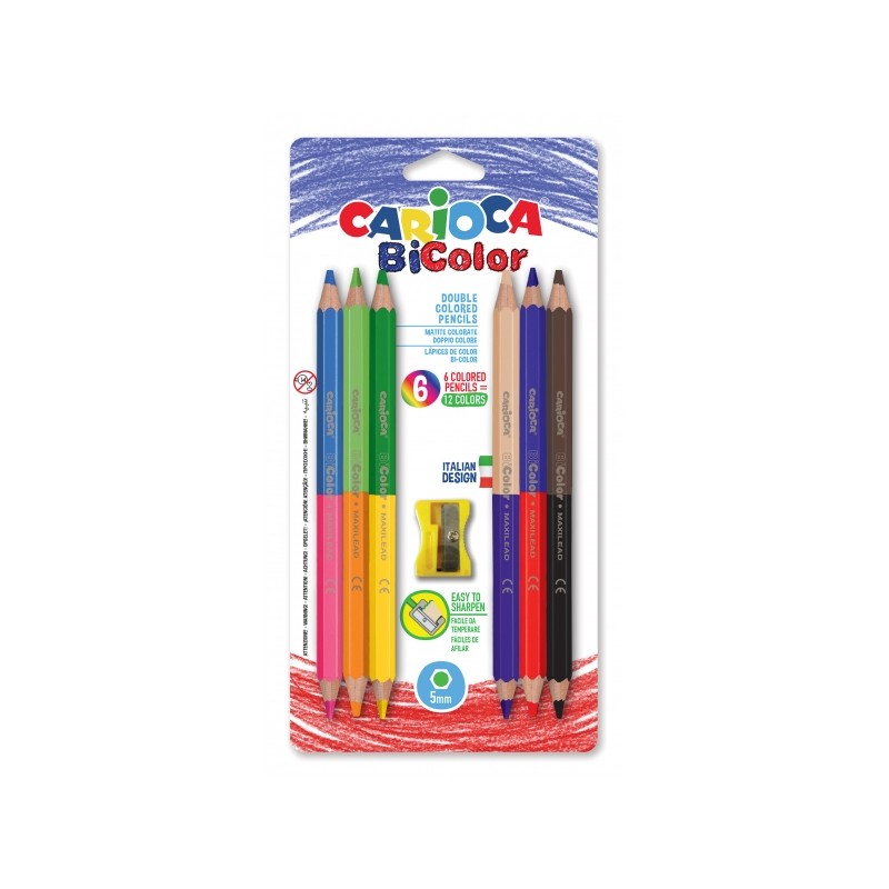 Carioca Jumbo Pack de 6 Crayons Laqués Hexagonaux Bicolores - Mine Maxi de Ø 5mm - Haute Résistance à la Casse - Taille-crayon