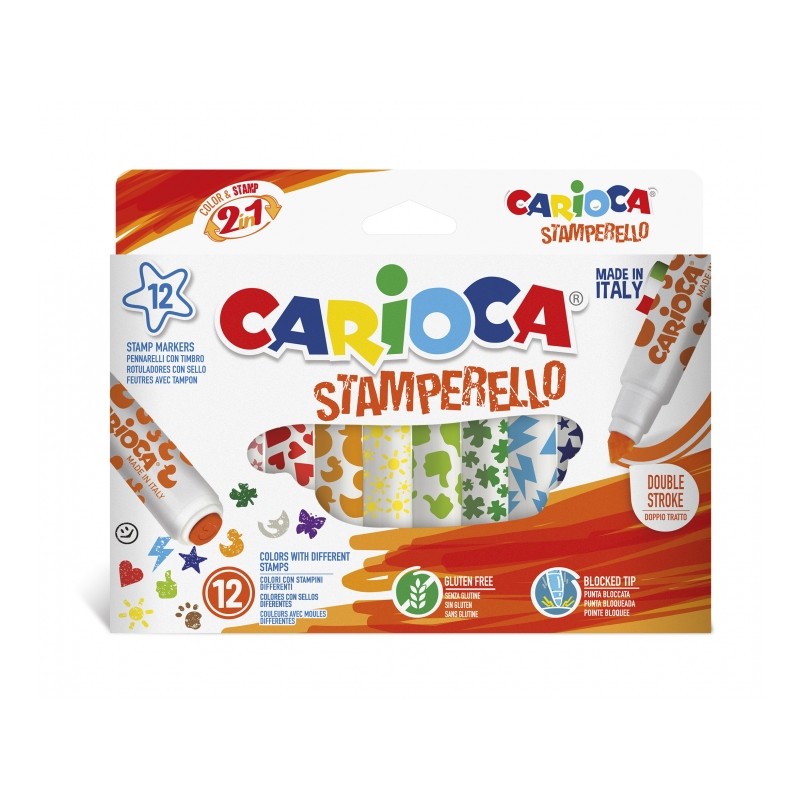 Carioca Stamperello Lot de 12 marqueurs double pointe - Pointe conique - Pointe avec tampons - Encre lavable - Couleurs variées