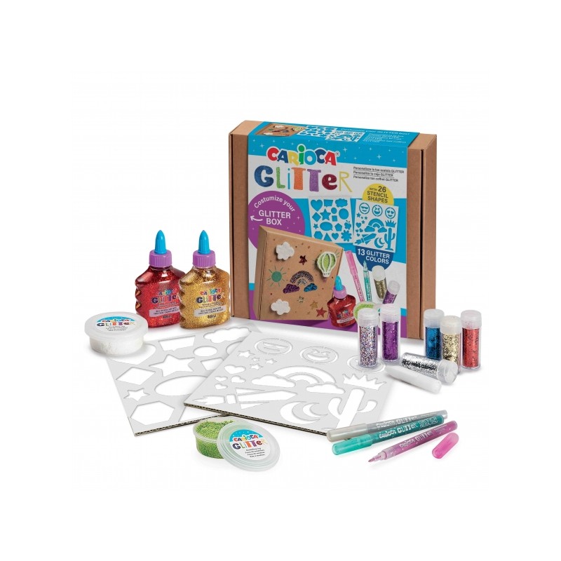 Carioca Glitter Creator Pack de 13 produits pailletés et 26 modèles - 2 flacons de colle pailletée - 2 flacons de pâte à