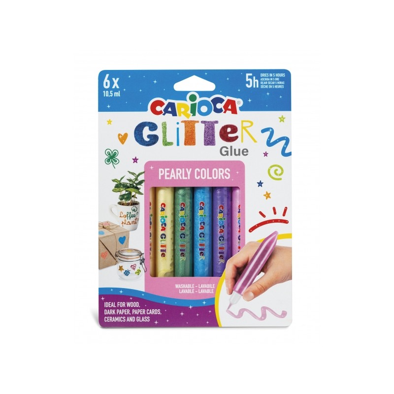 Carioca Colle Pailletée Nacrée Blister de 6 Tubes de Colle Colorée - Effet Pailleté - Application Directe - Séchage en 30