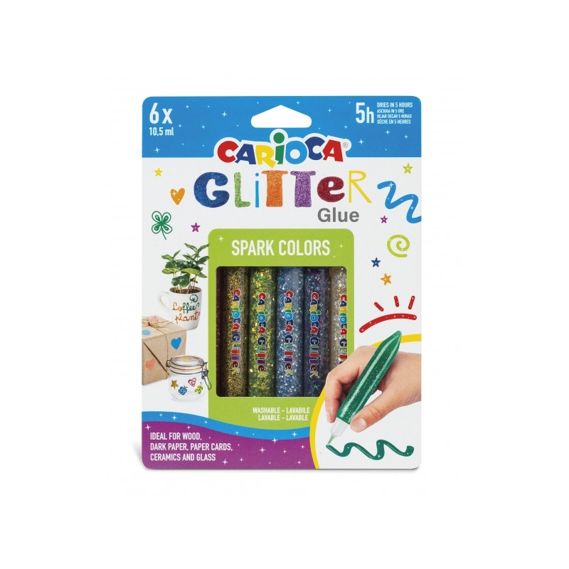 Carioca Glitter Glue Base Blister de 6 Tubes de Colle Colorée - Effet Pailleté - Application Directe - Séchage en 30 Minutes
