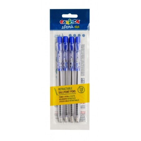 ✅ Carioca Sfera Pack de 4 Stylos Rétractables - Pointe Ø 1 mm - Clic facile et confortable - Écriture douce e en stock