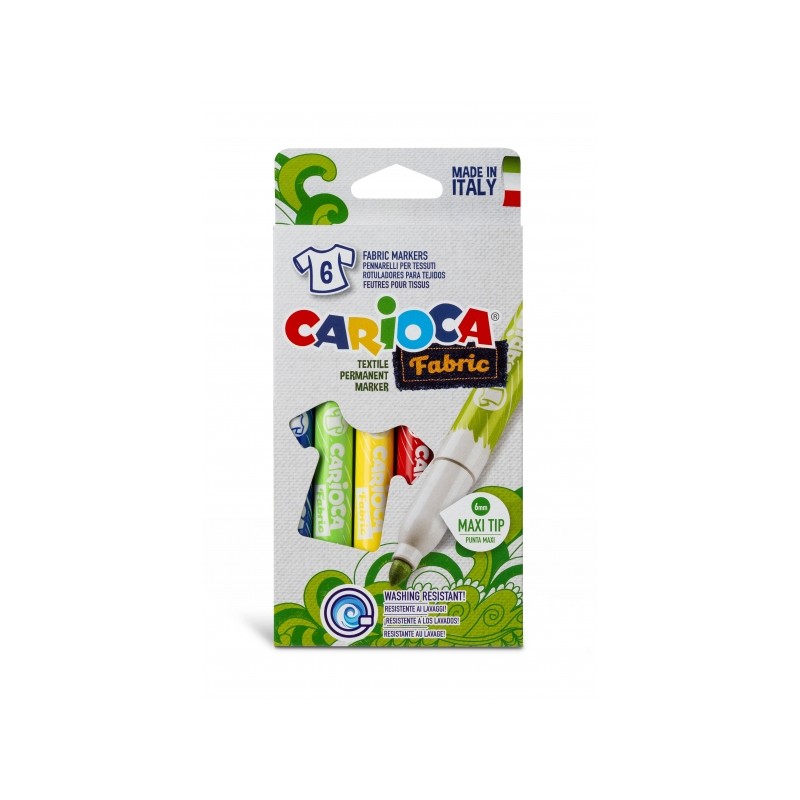 Carioca Fabric Pack de 6 Marqueurs Tissu - Pointe Maxi Ø 6mm - Encre Spéciale Tissus - Couleurs Indélébiles Après Application