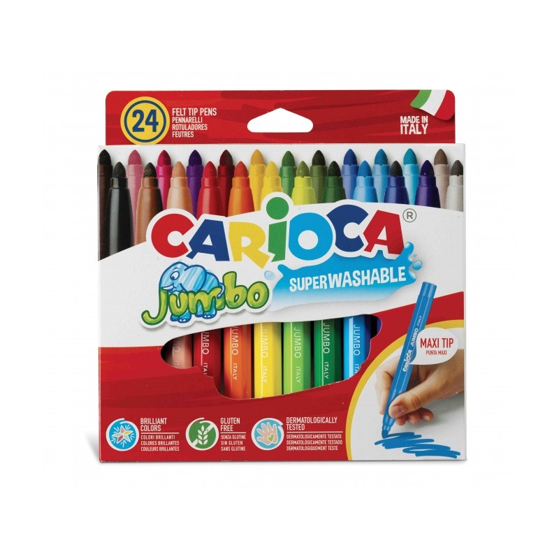 Carioca Jumbo Pack de 24 marqueurs - Corps Maxi Octogonal - Encre Super Lavable - Pointe Verrouillée Maxi 6mm - Capuchon