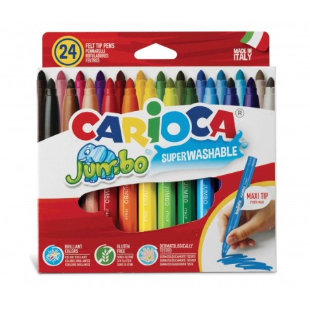 ✅ Carioca Jumbo Pack de 24 marqueurs - Corps Maxi Octogonal - Encre Super Lavable - Pointe Verrouillée Maxi 6mm en stock