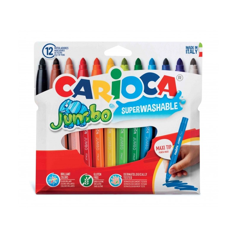 Carioca Jumbo Pack de 12 Marqueurs - Corps Maxi Octogonal - Encre Super Lavable - Pointe Verrouillée Maxi 6mm - Capuchon