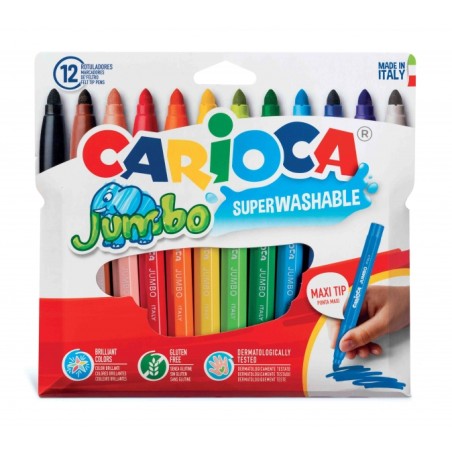 ✅ Carioca Jumbo Pack de 12 Marqueurs - Corps Maxi Octogonal - Encre Super Lavable - Pointe Verrouillée Maxi 6mm en stock