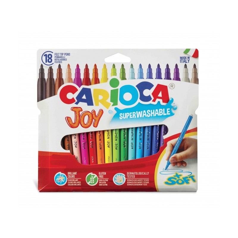 Carioca Joy Pack de 18 Marqueurs - Encre Super Lavable - Pointe Fine 2,8 mm - Verrouillé - Capuchon Ventilé - Différentes