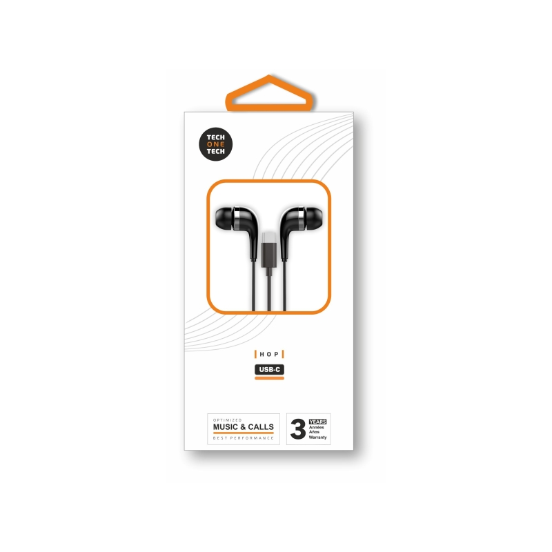 Écouteurs intra-auriculaires TechOneTech Ear Tech Hop USB-C - Microphone intégré - Câble de 1,20 m - Noir