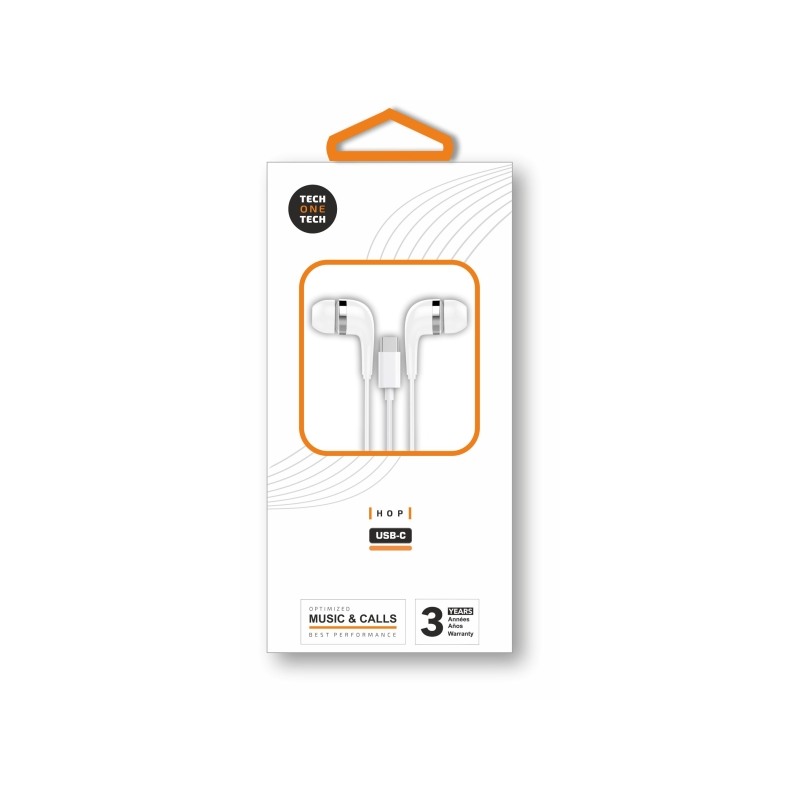 Écouteurs intra-auriculaires TechOneTech Ear Tech Hop USB-C - Microphone intégré - Câble de 1,20 m - Blanc