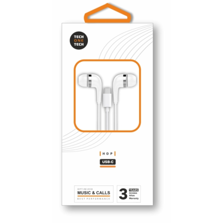 Écouteurs intra-auriculaires TechOneTech Ear Tech Hop USB-C - Microphone intégré - Câble de 1,20 m - Blanc