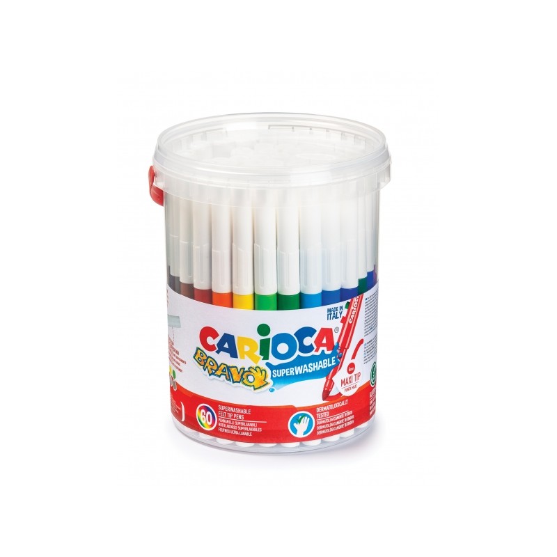 Carioca Bravo Pack de 60 Marqueurs - Corps Maxi Octogonal - Encre Super Lavable - Pointe Verrouillée Maxi 6mm - Capuchon