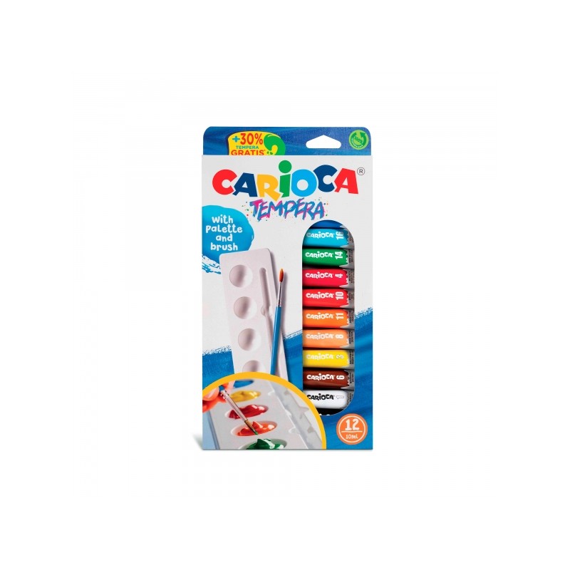 Carioca Pack de 12 Tubes Tempera - Comprend Pinceau et Palette - Couleurs Super Lavables - Haut Pouvoir Couvrant - Applicable