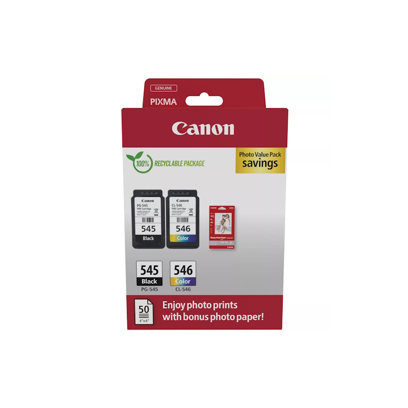 Canon PG-545/CL-546 Pack de 2 Cartouches d'Encre Originales + 50 Feuilles de Papier Photo - 8287B008