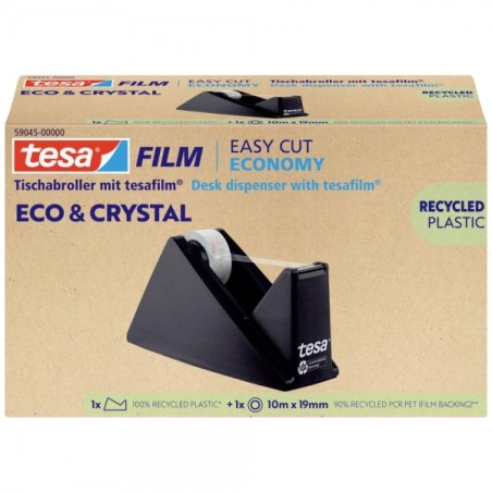 Tesa Tesafilm Eco & Crystal Support de rouleau de table facile à découper + ruban adhésif fabriqué avec 90 % de bouteilles PET