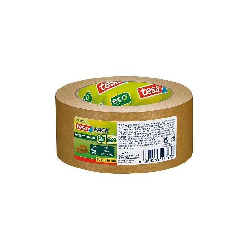 Tesa Tesapack Paper Ruban adhésif standard 50 mm x 50 m – Fabriqué avec 56 % de matériaux biodégradables – Papier issu de