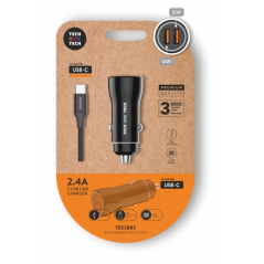 Chargeur de voiture double TechOneTech + câble USB-A vers USB-C - Haute performance