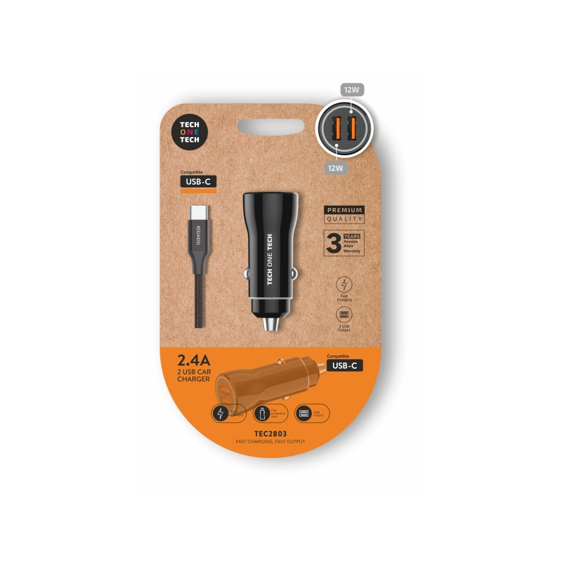Chargeur de voiture double TechOneTech + câble USB-A vers USB-C - Haute performance