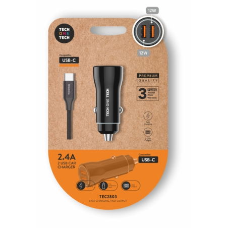 Chargeur de voiture double TechOneTech + câble USB-A vers USB-C - Haute performance