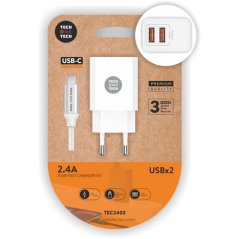 Chargeur mural double TechOneTech + câble USB-A vers USB-C de 1 m - Revêtement en nylon tressé blanc