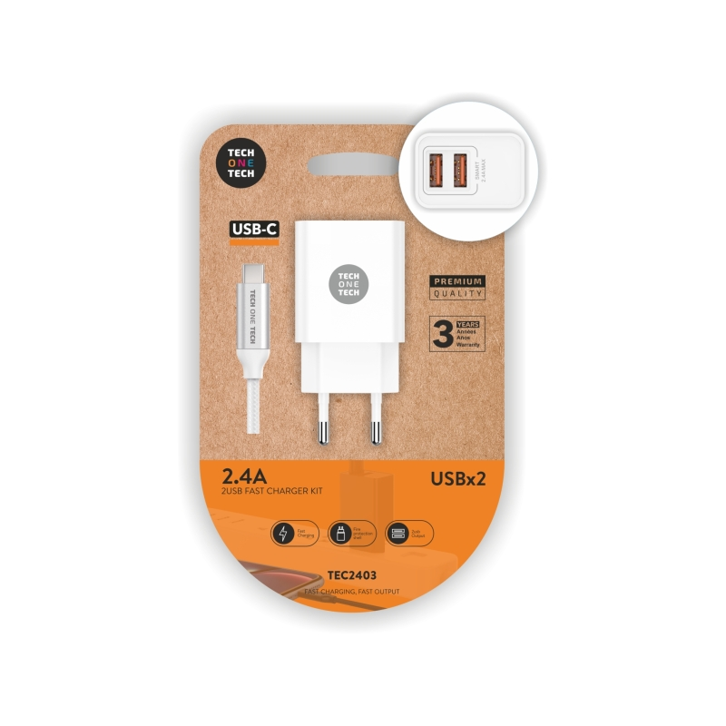 Chargeur mural double TechOneTech + câble USB-A vers USB-C de 1 m - Revêtement en nylon tressé blanc
