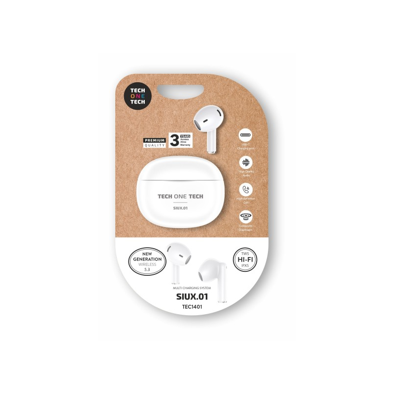 Écouteurs sans fil Bluetooth TechOneTech SIUX TWS - Jusqu'à 20 heures d'autonomie - IPX5 - Blanc