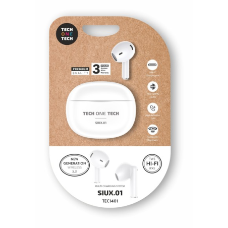 Écouteurs sans fil Bluetooth TechOneTech SIUX TWS - Jusqu'à 20 heures d'autonomie - IPX5 - Blanc