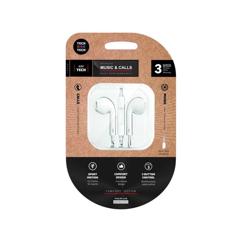 Écouteurs intra-auriculaires TechOneTech EarTech - Microphone intégré - Prise mini-jack 3,5 mm - Câble de 1,20 m - Blanc